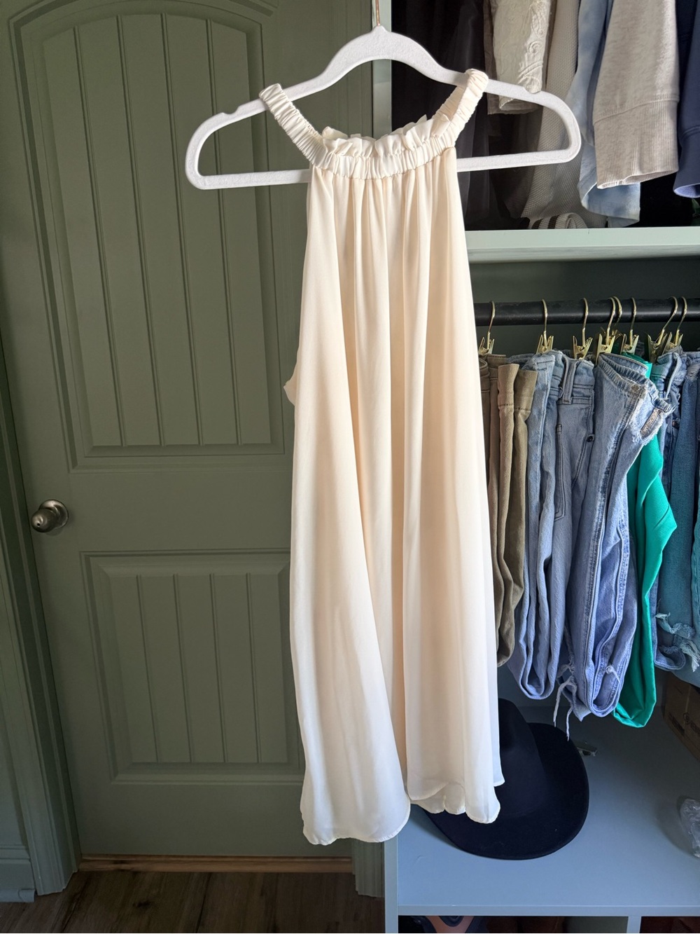 Krisa Ruched Turtleneck Halter Dress in Cream